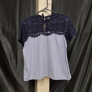 Blue and White Short Sleeve Lace Blouse